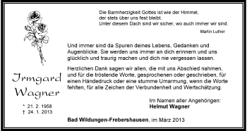 Todesanzeige von Irmgard Wagner von HNA