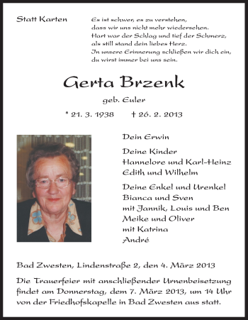 Todesanzeige von Gerta Brzenk von HNA