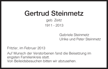 Todesanzeige von Gertrud Steinmetz von HNA