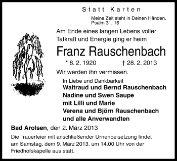 Todesanzeige von Franz Rauschenbach von HNA