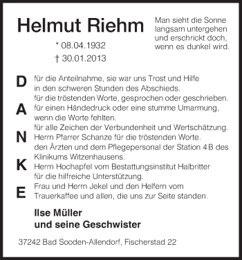 Todesanzeige von Helmut Riehm von HNA