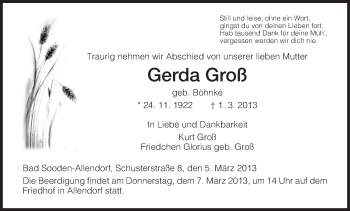 Todesanzeige von Gerda Groß von HNA