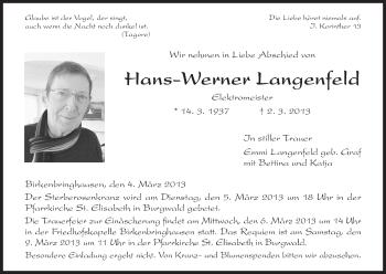 Todesanzeige von Hans-Werner Langenfeld von HNA