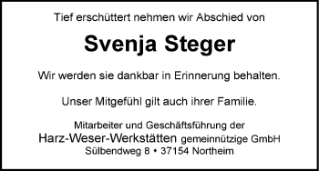 Todesanzeige von Svenja Steger von HNA