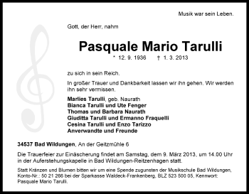 Todesanzeige von Pasquale Mario Tarulli von HNA