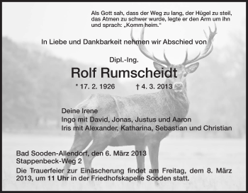 Todesanzeige von Rolf Rumscheidt von HNA