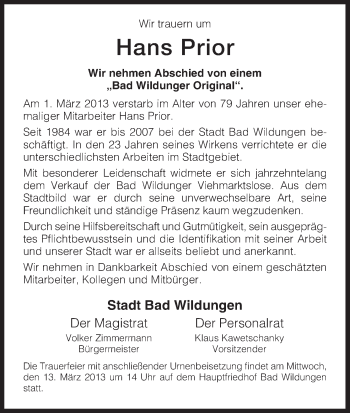 Todesanzeige von Hans Prior von HNA