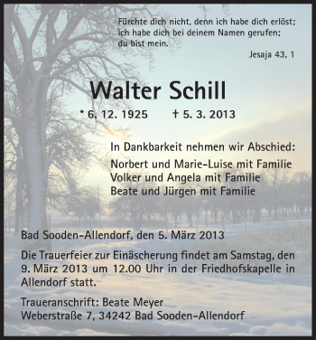 Todesanzeige von Walter Schill von HNA