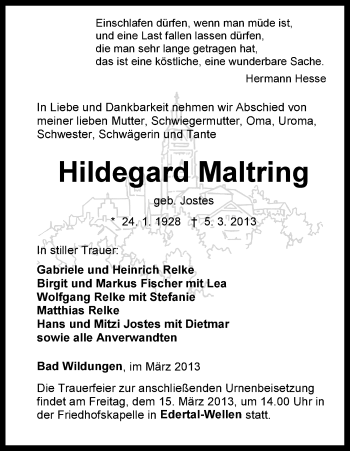 Todesanzeige von Hildegard Maltring von HNA