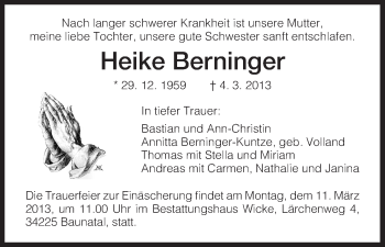 Todesanzeige von Heike Berninger von HNA