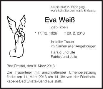Todesanzeige von Eva Weiß von HNA