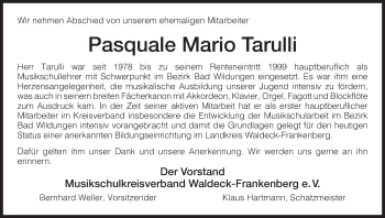 Todesanzeige von Pasquale Mario Tarulli von HNA