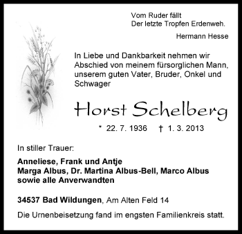 Todesanzeige von Horst Schelberg von HNA
