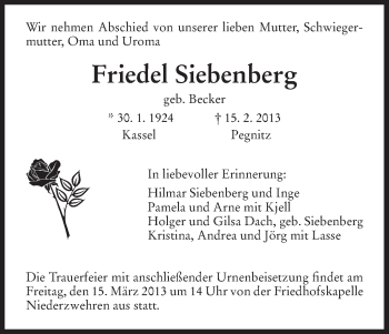 Todesanzeige von Friedel Siebenberg von HNA