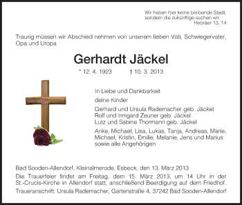 Todesanzeige von Gerhardt Jäckel von HNA