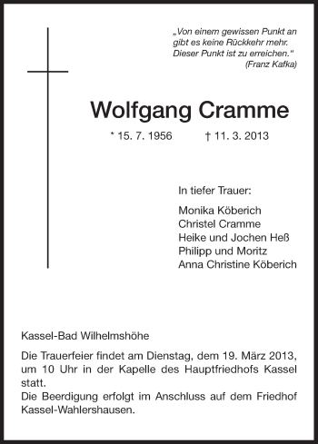 Todesanzeige von Wolfgang Cramme von HNA
