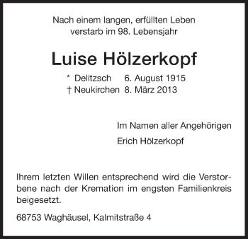 Todesanzeige von Luise Hölzerkopf von HNA