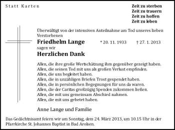 Todesanzeige von Friedhelm Lange von HNA