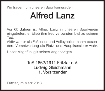 Todesanzeige von Alfred Lanz von HNA