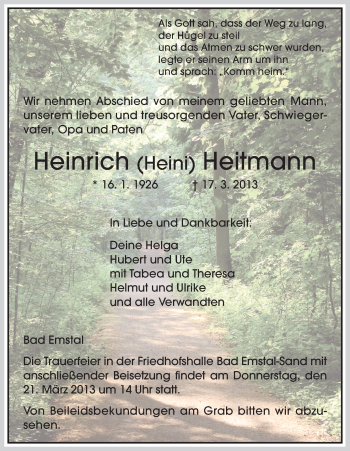 Todesanzeige von Heinrich Heitmann von HNA