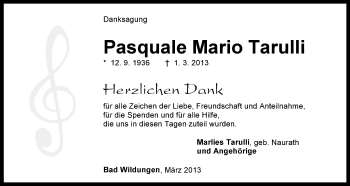 Todesanzeige von Pasquale Mario Tarulli von HNA