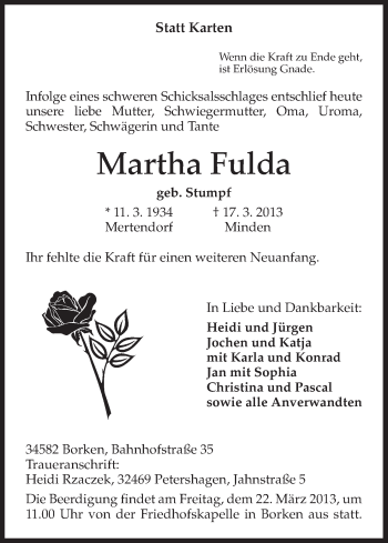 Todesanzeige von Martha Fulda von HNA