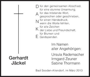 Todesanzeige von Gerhardt Jäckel von HNA