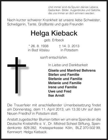 Todesanzeige von Helga Kieback von HNA