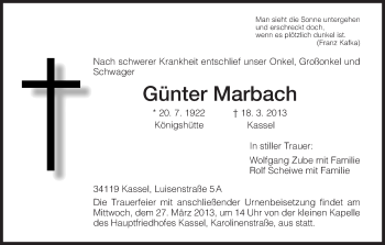 Todesanzeige von Günter Marbach von HNA