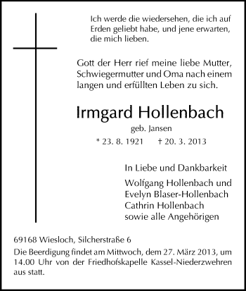 Todesanzeige von Irmgard Hollenbach von HNA