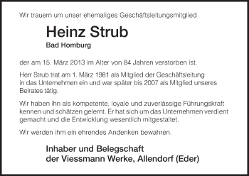 Todesanzeige von Heinz Strub von HNA