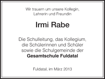 Todesanzeige von Irmi Rabe von HNA
