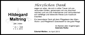 Todesanzeige von Hildegard Maltring von HNA