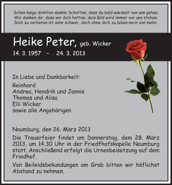 Todesanzeige von Heike Peter von HNA