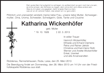 Todesanzeige von Katharina Wickenhöfer von HNA