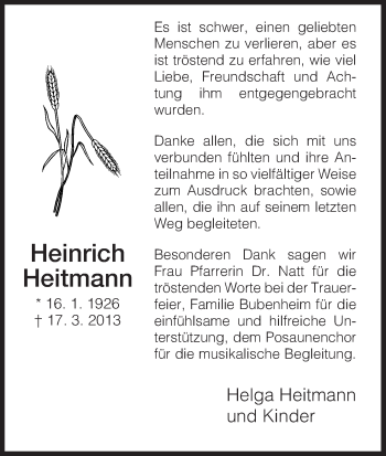 Todesanzeige von Heinrich Heitmann von HNA
