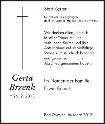 Todesanzeige von Gerda Brzenk von HNA