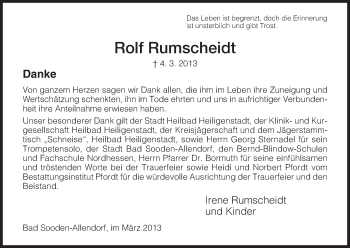 Todesanzeige von Rolf Rumscheidt von HNA
