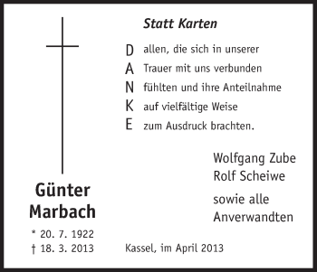 Todesanzeige von Günter Marbach von HNA