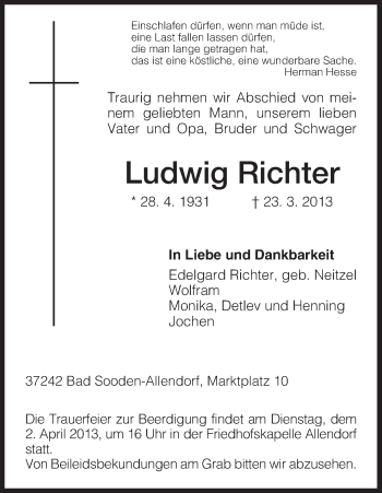 Todesanzeige von Ludwig Richter von HNA