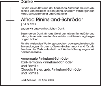 Todesanzeige von Alfred Rininsland-Schröder von HNA