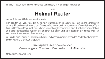 Todesanzeige von Helmut Reuter von HNA