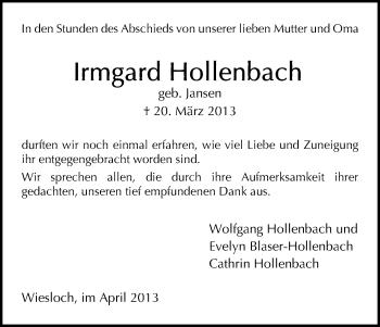 Todesanzeige von Irmgard Hollenbach von HNA