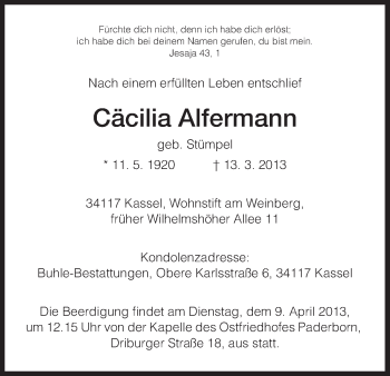 Todesanzeige von Cäcilia Alfermann von HNA
