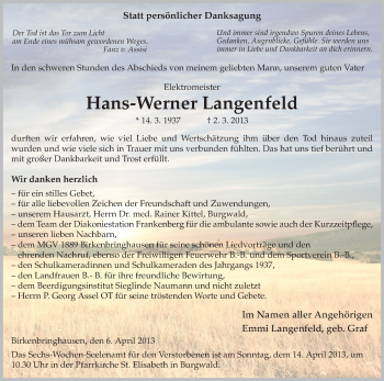 Todesanzeige von Hans-Werner Langenfeld von HNA
