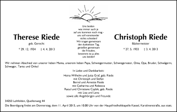 Todesanzeige von Therese und Christoph Riede von HNA