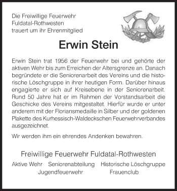 Todesanzeige von Erwin Stein von HNA