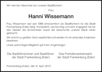 Todesanzeige von Hanni Wissemann von HNA