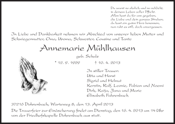 Todesanzeige von Annemarie Mühlhausen von HNA