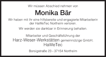 Todesanzeige von Monika Bär von HNA